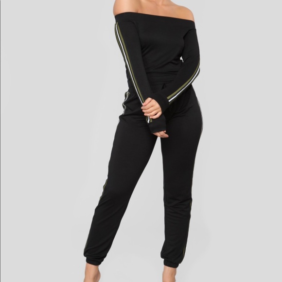 off the shoulder tracksuit jumpsuit